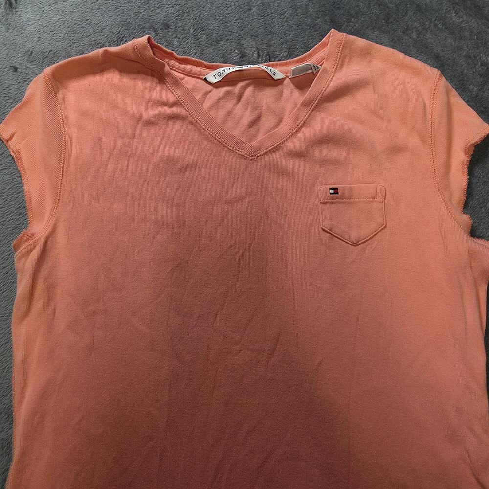 Tommy Hilfiger Shirt Womens Medium Orange V-Neck Cap Sleeve Pocket Logo Cotton